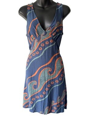 Billabong Mini Dress Womens Large Blue Orange Wave Print Sleeveless Polynesian
